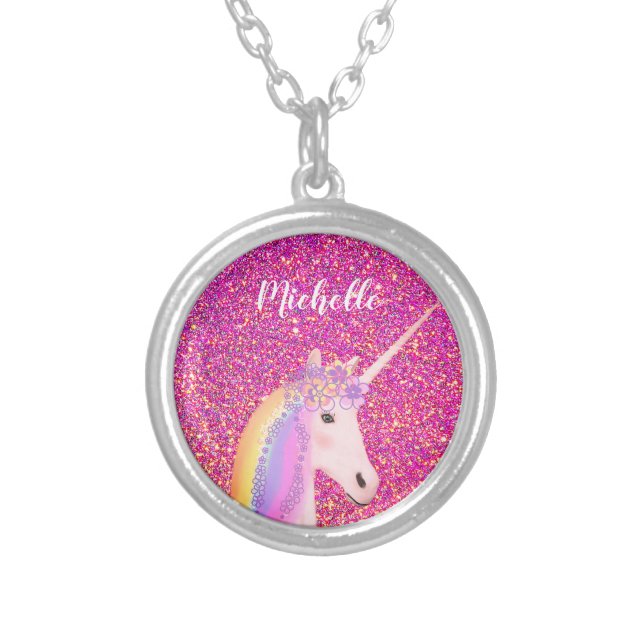 Cute Rainbow Unicorn Pink Glitter Personalized Silver Plated Necklace (Front)
