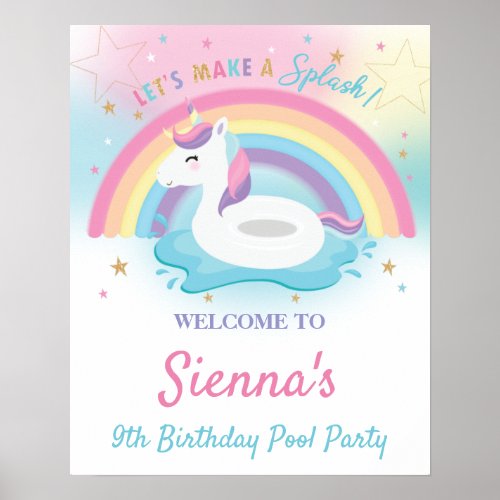 Cute Rainbow Unicorn Pool Birthday Party Welcome  Poster