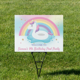 Cute Rainbow Unicorn Pool Birthday Party Welcome   Sign