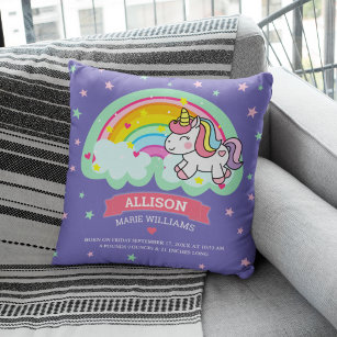Cute Rainbow Unicorn Purple Birth Stats Throw Pillow