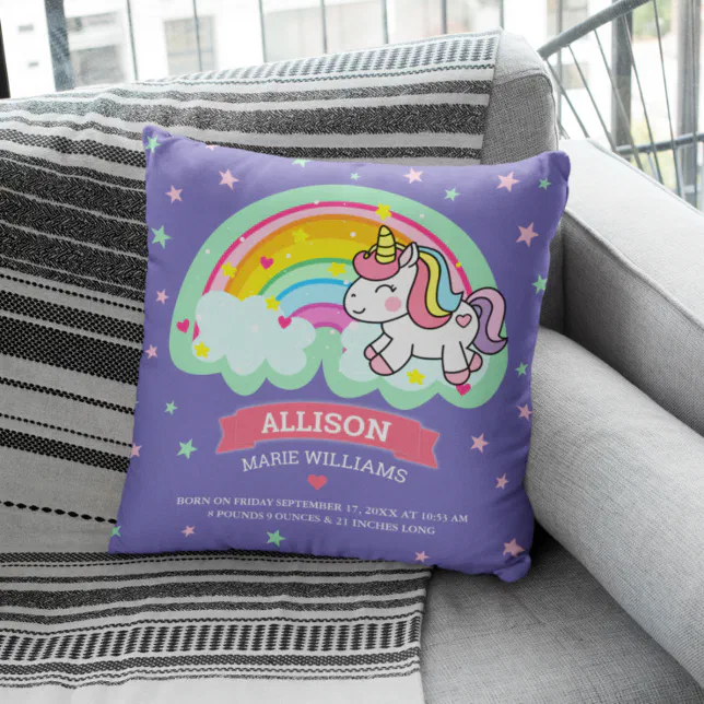 Cute Rainbow Unicorn Purple Birth Stats Throw Pillow (Creator Uploaded)