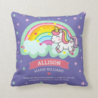 Cute Rainbow Unicorn Purple Birth Stats Throw Pillow