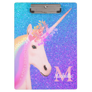 Cute Rainbow Unicorn Purple Glitter Ombre Name Clipboard