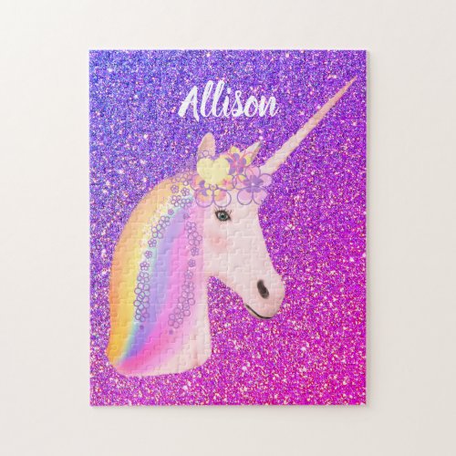 Cute Rainbow Unicorn Purple Glitter Personalized Jigsaw Puzzle