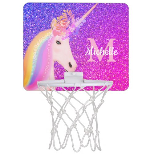 Cute Rainbow Unicorn Purple Pink Glitter Monogram Mini Basketball Hoop
