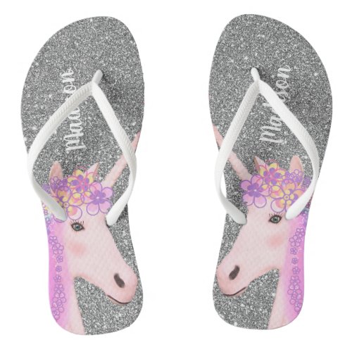 Cute Rainbow Unicorn Silver Glitter Womens Flip Flops