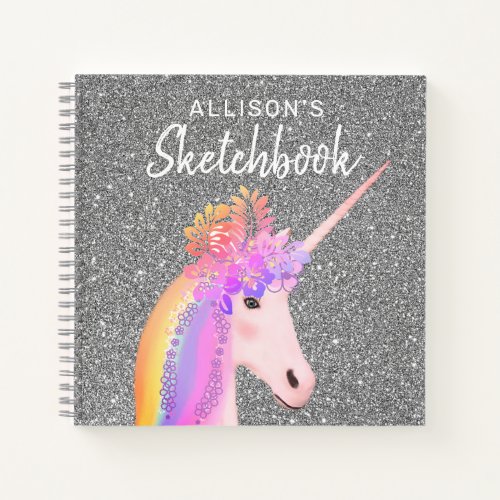 Cute Rainbow Unicorn Sketchbook Script Name Notebook