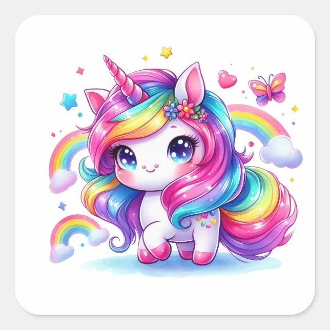 Cute Rainbow Unicorn Square Sticker (Front)