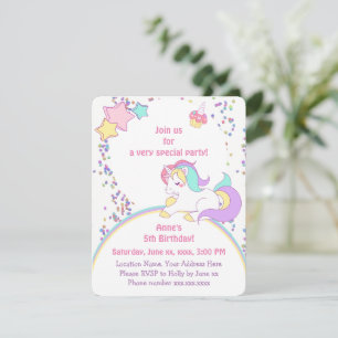 Cute Rainbow Unicorn & Stars Girl Birthday Party Invitation