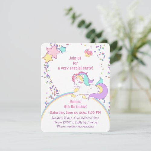 Cute Rainbow Unicorn  Stars Girl Birthday Party  Invitation