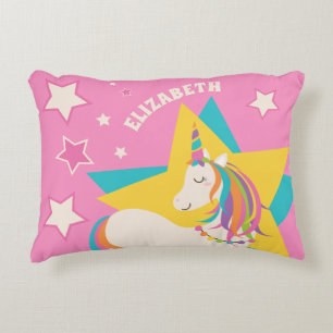 Cute Rainbow Unicorn Stars Girly Pink Custom Name Accent Pillow