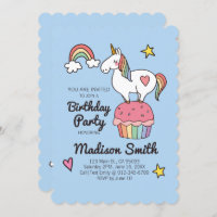 Cute Rainbow Unicorn Stars Hearts Birthday Party Invitation