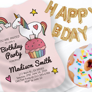 Cute Rainbow Unicorn Stars Hearts Birthday Party Invitation