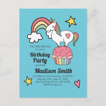 Cute Rainbow Unicorn Stars Hearts Birthday Party Invitation Postcard