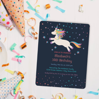 Cute Rainbow Unicorn Stars Kids Birthday Party Invitation by littleteapotdesigns at Zazzle