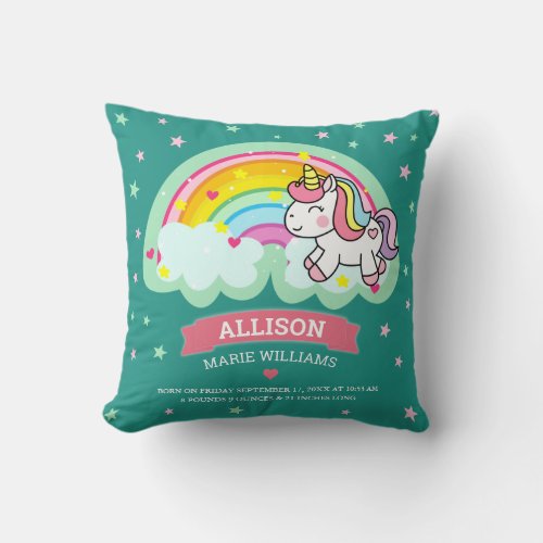 Cute Rainbow Unicorn Teal Birth Stats Throw Pillow