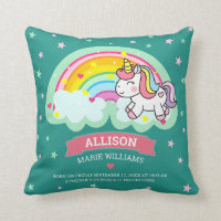 Cute Rainbow Unicorn Teal Birth Stats Throw Pillow