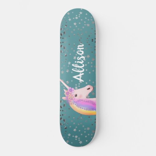 Cute Rainbow Unicorn Teal Stars Girls Personalized Skateboard