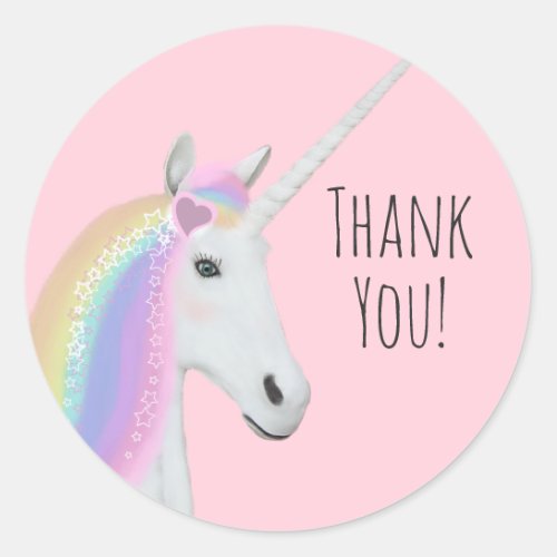 Cute Rainbow Unicorn Thank You Pink Round Stickers