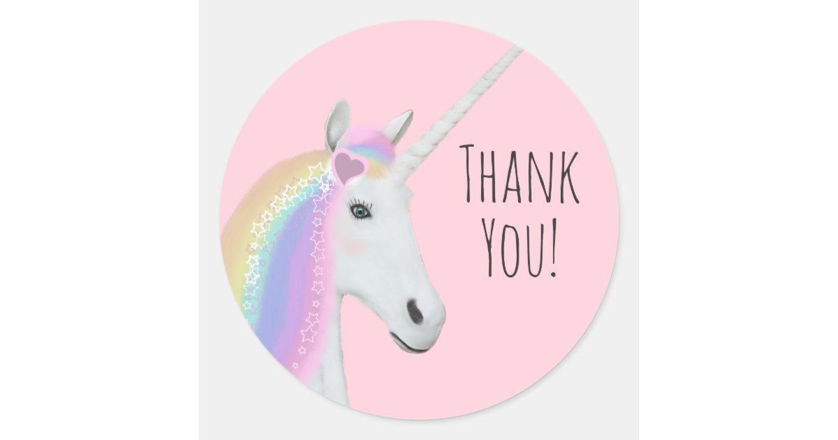 cute rainbow unicorn thank you pink round stickers