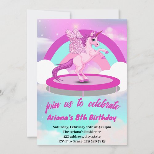 Cute Rainbow Unicorn Trampoline Birthday  Invitati Invitation