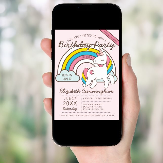 Cute Rainbow Unicorn Virtual Birthday Party Invitation (Front Digital)