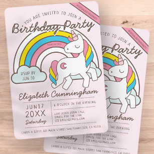 Cute Rainbow Unicorn Virtual Birthday Party Invitation