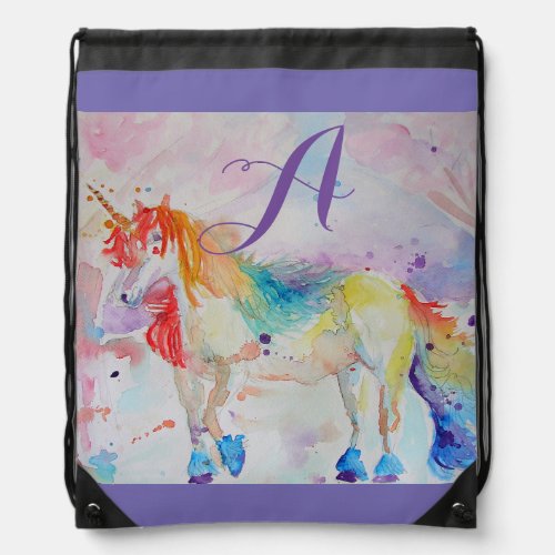 Cute Rainbow Unicorn Watercolor Girls Customizable Drawstring Bag