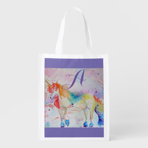 Cute Rainbow Unicorn Watercolor Girls Customizable Grocery Bag