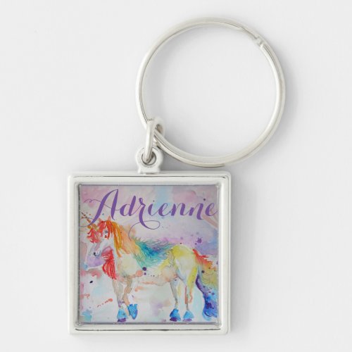 Cute Rainbow Unicorn Watercolor Girls Customizable Keychain