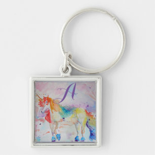 Cute Rainbow Unicorn Watercolor Girls Customizable Keychain