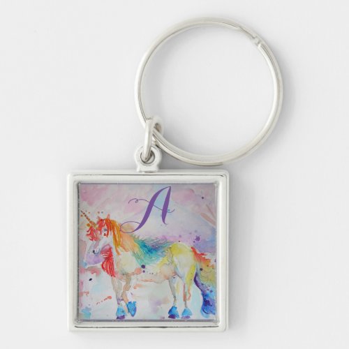 Cute Rainbow Unicorn Watercolor Girls Customizable Keychain