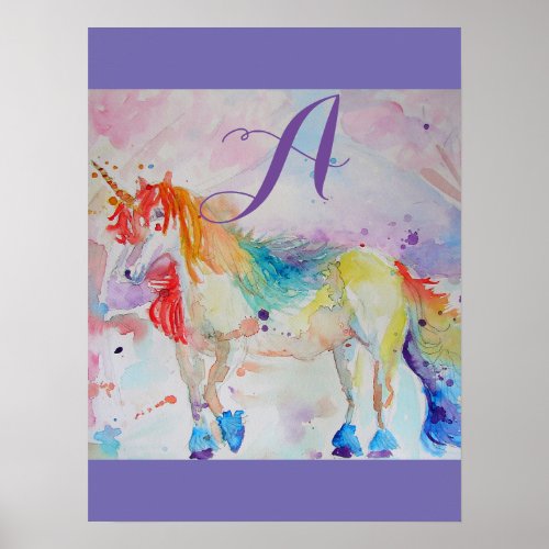 Cute Rainbow Unicorn Watercolor Girls Customizable Poster