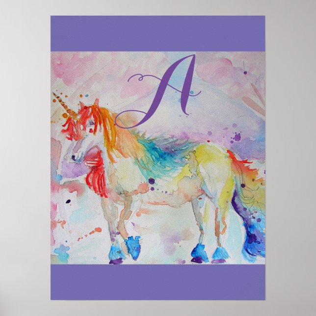 Cute Rainbow Unicorn Watercolor Girls Customizable Poster (Front)