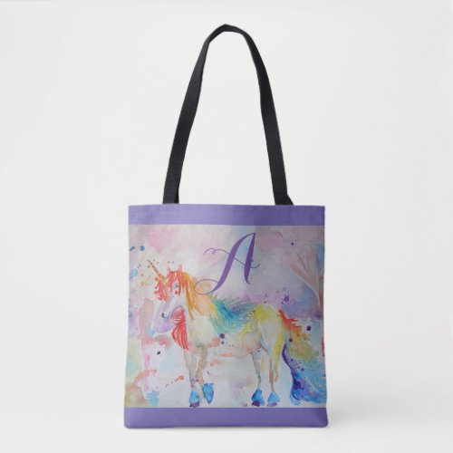 Cute Rainbow Unicorn Watercolor Girls Customizable Tote Bag