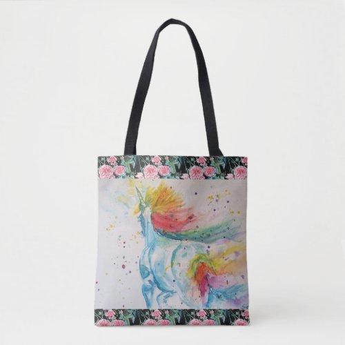 Cute Rainbow Unicorn Watercolour Grocery Tote Bag