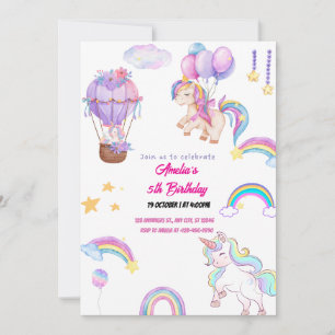 Cute Rainbow Unicorn Whimsical Girl Party Pink Invitation