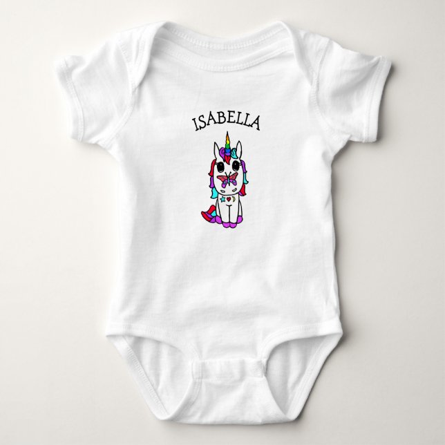 Cute Rainbow Unicorn with Butterfly on Nose Baby Bodysuit (Front)