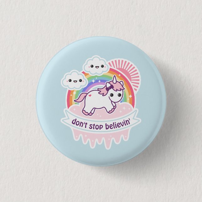 Cute Rainbow Unicorn with Clouds Button (Front)