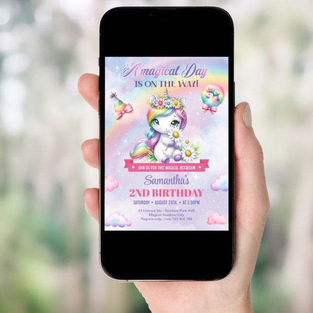 Cute Rainbow Unicorn with flowers 2nd Birthday Invitation (Front Digital)