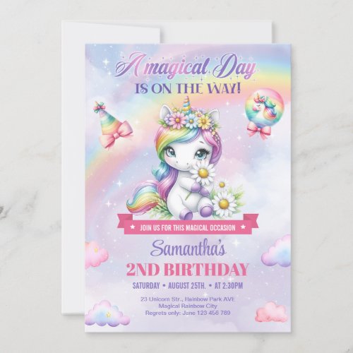 Cute Rainbow Unicorn with flowers 2nd Birthday Invitation