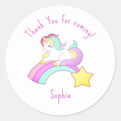 Cute Rainbow Unicorn with Star Thank You Classic Round Sticker