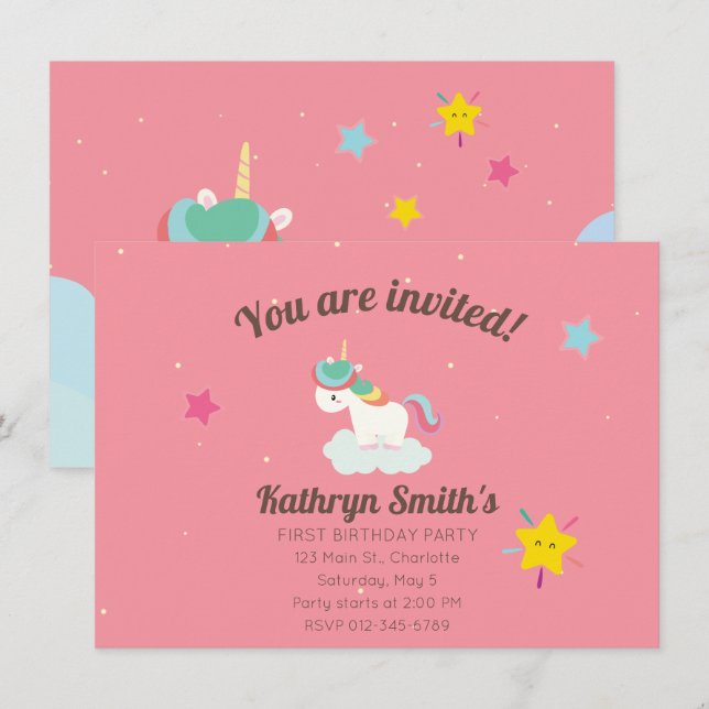 Cute Rainbow Unicorn with Stars. Birthday. Invitation (Front/Back)