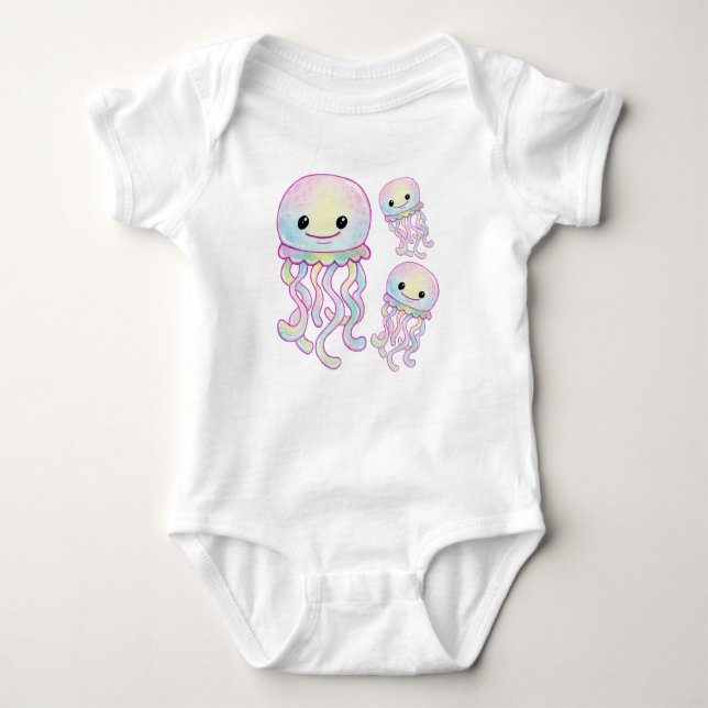 Cute Rainbow Watercolour Jellyfish Baby Bodysuit (Front)