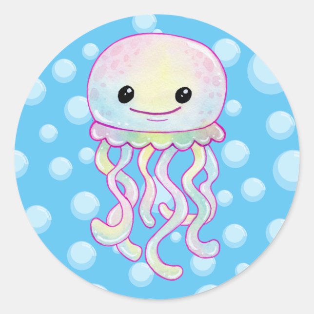 Cute Rainbow Watercolour Jellyfish Classic Round Sticker (Front)