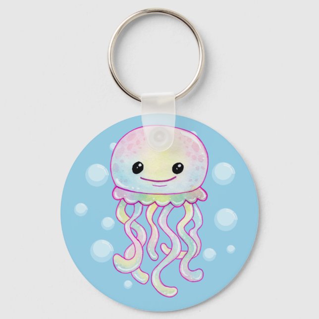 Cute Rainbow Watercolour Jellyfish Keychain (Front)
