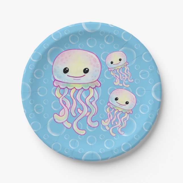 Cute Rainbow Watercolour Jellyfish Paper Plates (Front)