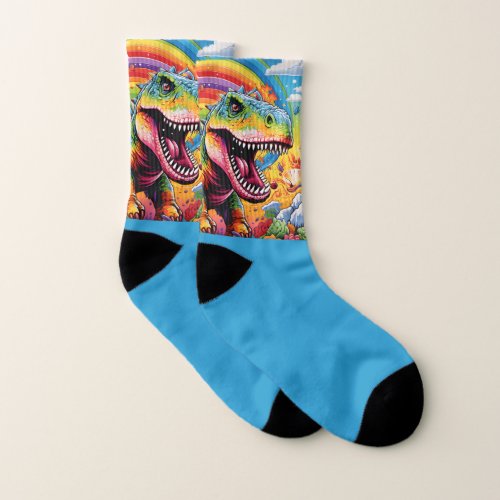 Cute Rainbow Wild One T Rex Blue Socks