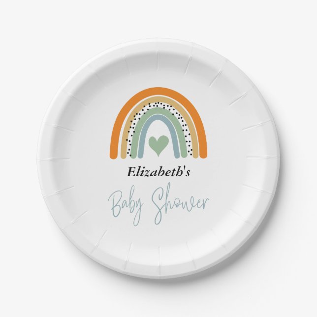 Cute Rainbow With Heart Boy Baby Shower Paper Plates (Front)