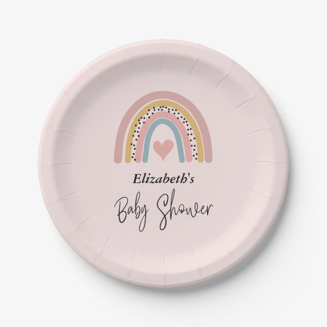 Cute Rainbow With Heart Girl Baby Shower Paper Plates (Front)
